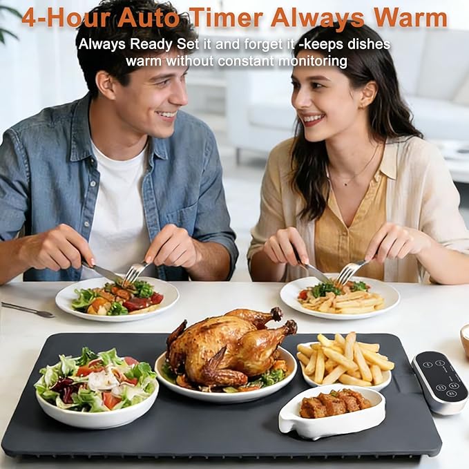 Warming Mat for Food & Food Heating Mat - 6-Temp 4-Hour Timer Electric Silicone Mat, Portable Warmer for Buffet, Party & Family Dining, 24"x15.7"