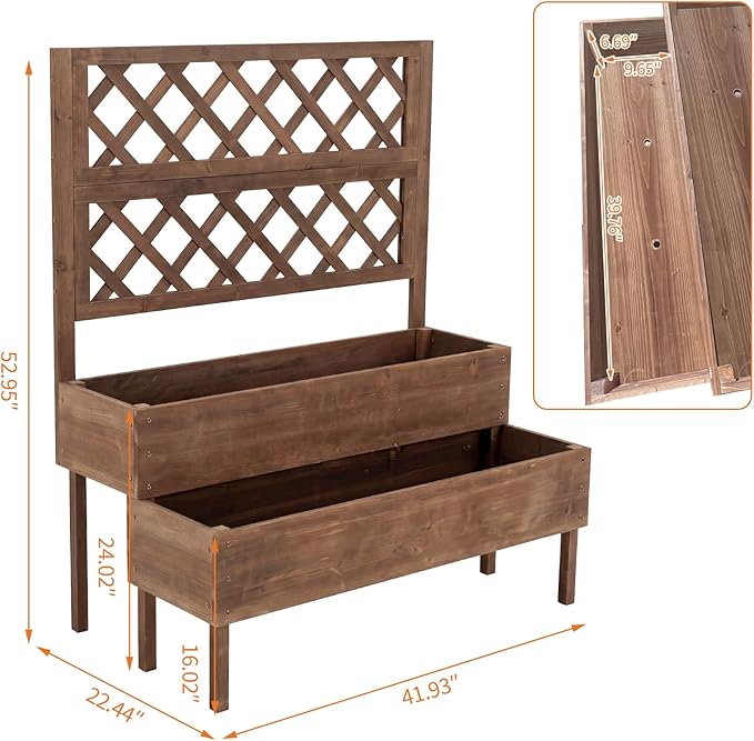 Garvee Raised Garden Bed with Trellis, 2-Tier Outdoor Wooden Elevated Planter Box with Legs & Drainage Holes, Vertical Planter Box Stand for Backyard, Patio, Balcony, Brown