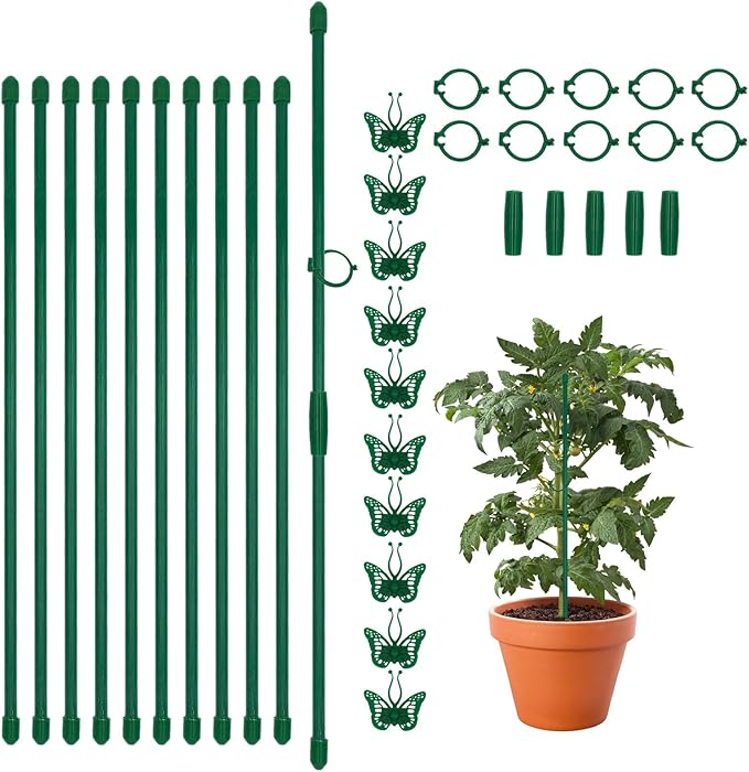 35 Pcs Plastic Plant Support Stakes Kit - 10 Stakes (30cm/12in), 20 Clips & 5 Links Adjustable Plant Support Sticks for Indoor Outdoor Garden Potted Rose Tomato Vegetables