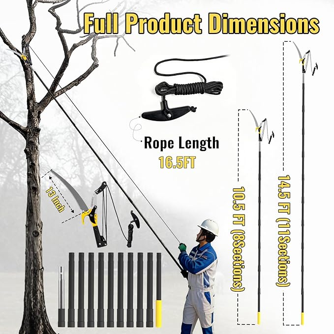 14.5FT Pole Saw for Tree Trimming, 2-In-1 Manual Tree Pruner with Saw, Extendable Long Handle Pole Tree Trimmer, High Reach Limbs Branch Cutter and Pruning Shears for Yard Garden Palm Shrubs