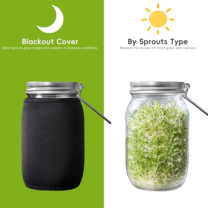 2Pack Sprouting Kit with Stainless Steel Screen Sprouting Lids, Glass Mason Jars, Light-Blocking Sleeves and Brush, Premium Reusable Sprouts Growing Kit for Organic Broccoli Alfalfa Seeds Bean Sprouts
