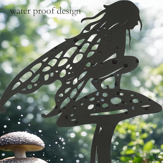 Decorative Garden Stakes，Fairy Garden Stakes Statues Metal Weather Resistant 3 Piece Outdoor Decorative Set Black (9 Pack A)