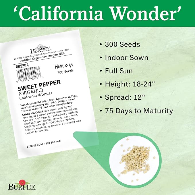 Burpee California Wonder (Organic) Sweet Pepper Seeds 300 seeds