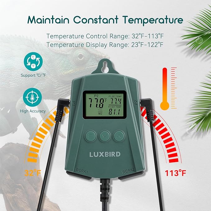 Luxbird Reptile Heating Pad 8x12 Inch with Dual Output Reptile Thermostat LB-2SC Combo Set Under Tank Terrarium Heating Mat for Turtles, Lizards, Frogs, and Other Reptiles