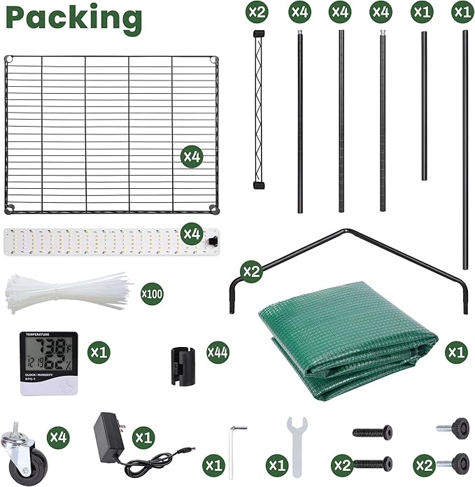 Mini Indoor Greenhouse with Grow Light, Portable 4-Tier Plant Stand with PVC Cover, Adjustable Shelves & Thermohygrometer for Seed Starting & Plant Growth, 70 x 23 x 19'', 32W Grow Light