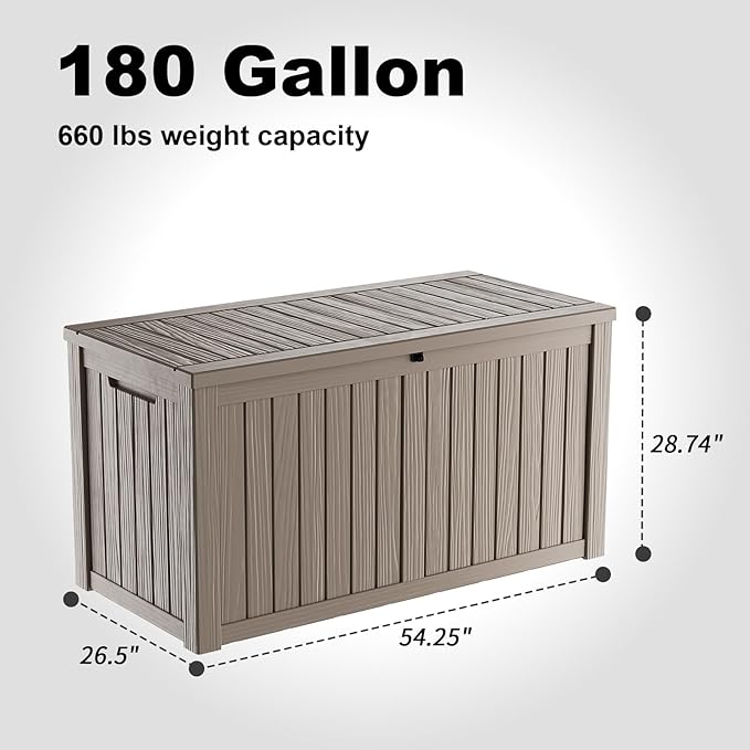ROJIK 180 Gallon Waterproof Outdoor Deck Storage Box, Lockable Resin Patio Storage Bin with Lid for Garden Tools, Patio Cushions & Outdoor Accessories(Grey)