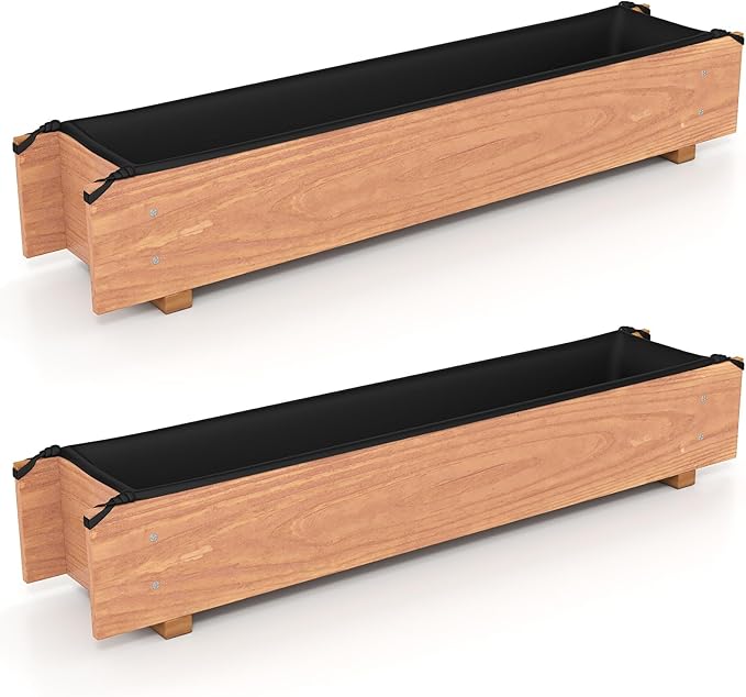 HAPPYGRILL Raised Garden Bed, Wood Flower Planter Box w/4 Drainage Holes, Black Liner for Containing Soil, Indoor Outdoor Wooden Plant Container for Backyard, Patio, Balcony (2,36" x 7" x 6.5")