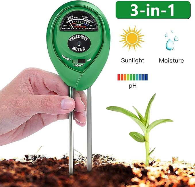 Soil Meter, 3-in-1 Soil Moisture Sunlight pH Tester, No Battery Needed, Soil Hygrometer Moisture Sensor Plant Tester Kits Indoor & Outdoor(Home, Lawn, Garden, Farm)