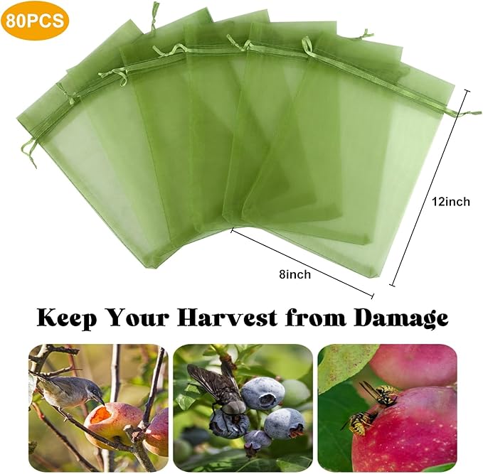 80 Pcs Fruit Protection Bags, 8 x12 Inch Fruit Tree Netting Mesh Bags Drawstring Reusable Green Bag for Fruits & Vegetables, Garden Netting Covers Pest Barrier for Grape Apple Pomelo