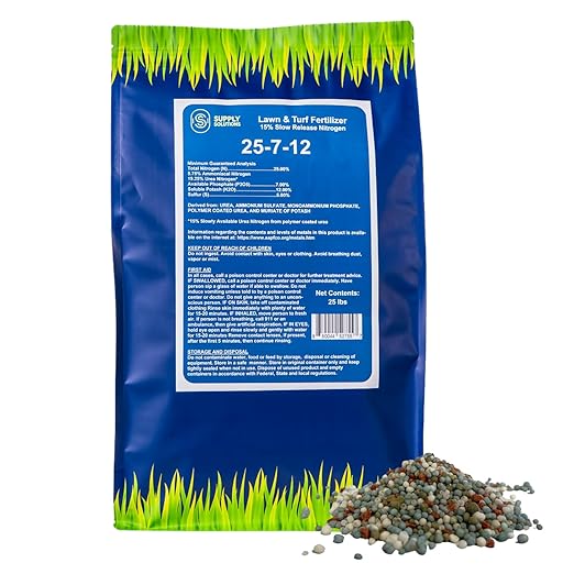 Supply Solutions 25-7-12 Lawn and Turf Fertilizer - 15% Slow Release Nitrogen Lawn Fertilizer for All Grass Types, Shrubs - Turf Builder Plant Food Covers 6,250 sq.ft (25lbs)