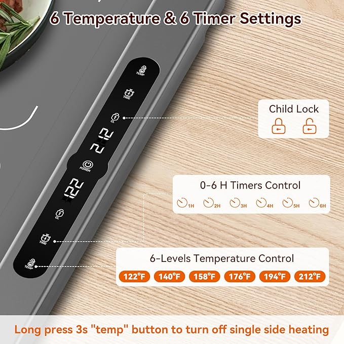 Graphene Food Warming Mat with Dual Zone Control, XXL 36"x17" Electric Heating Tray, 6 Temp & Timer Settings, Fast Even Heat for Buffets, Parties, Family Dinners, Gift for Mom & Wife (Gray)