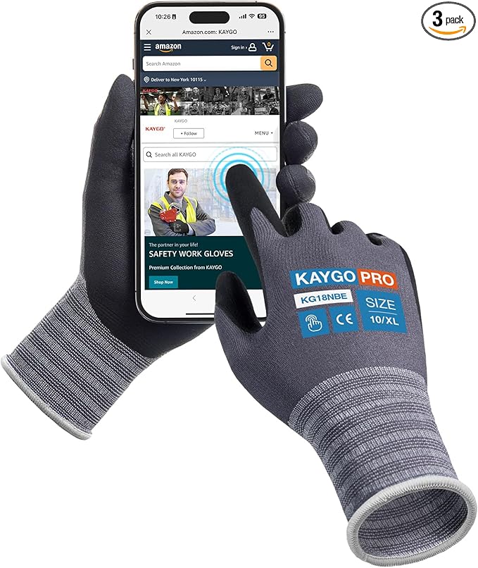 KAYGO Safety Work Gloves MicroFoam Nitrile Coated, 3 Pairs KG18NB,Seamless Knit Nylon Glove with full fingers Touchscreen, Ideal for Automotive,Warehouse,Construction (Gray, X-Large)