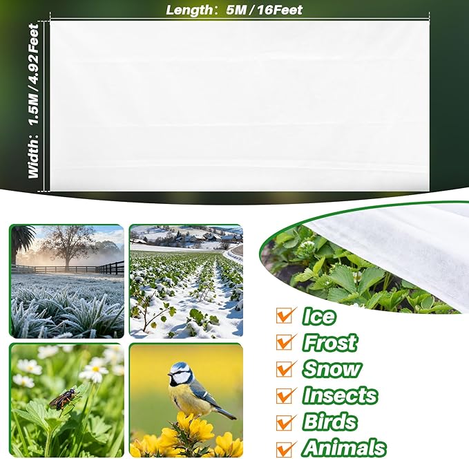 MAQIHAN Plant Covers Freeze Protection - 4.9 ft x 16 ft Non-Woven Plant Cover, Frost Cloth Winter Freeze Protection, Reusable Floating Row Frost Blankets for Outdoor Garden Cold Weather Snow