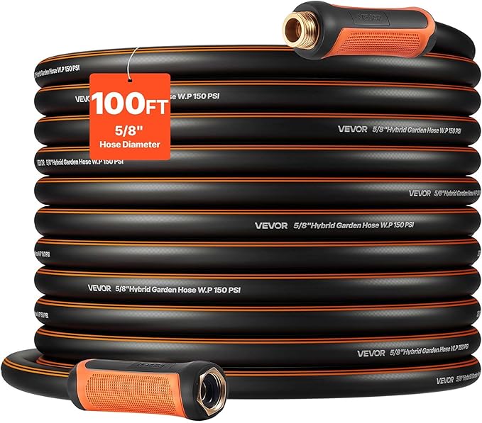 VEVOR Garden Hose, 100 ft 5/8" Heavy Duty 4-Layer Rubber Water Hose, 150PSI Working & 600PSI Burst, Flexible & Non-kink Outdoor Waterhose with 3/4" Fitting, Lightweight Hoses for Gardening Cleaning