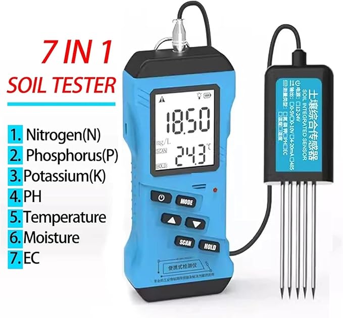 Soil Tester for Nitrogen, Phosphorus, Potassium, pH, Moisture, Nutrient Conductivity, EC Meter for Gardening and Agriculture
