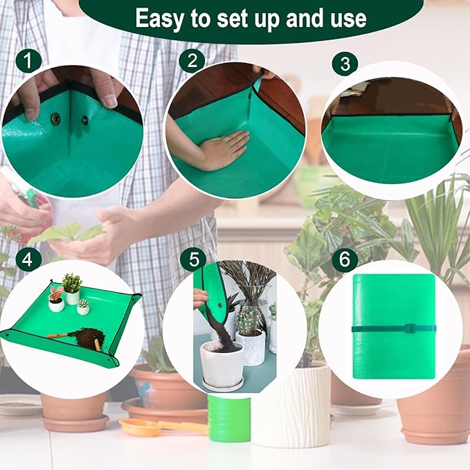 Emycool 26.8" x 26.8" Repotting Mat for Indoor Plants Transplanting Control Mess, Waterproof Potting Mat Portable Planting Potting Tray Gardening Gifts for Women and Plant Lovers, Green