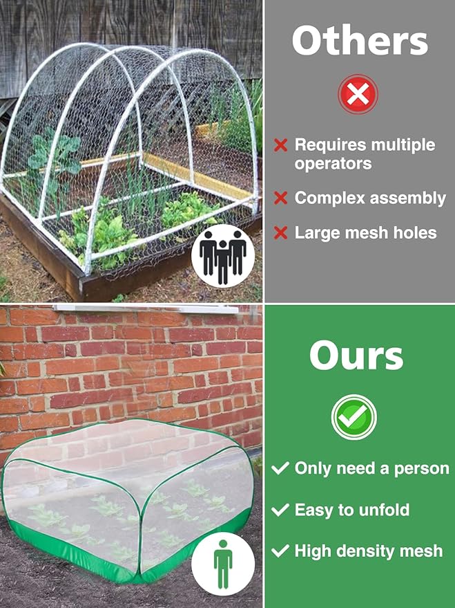Pop Up Garden Netting for Square Raised Beds - 3.3'L x 3.3'W x 1.65'H Ultra Fine Mesh Net Plant Cover with 4 Stakes, Protection for Vegetables Fruit from Birds Pests