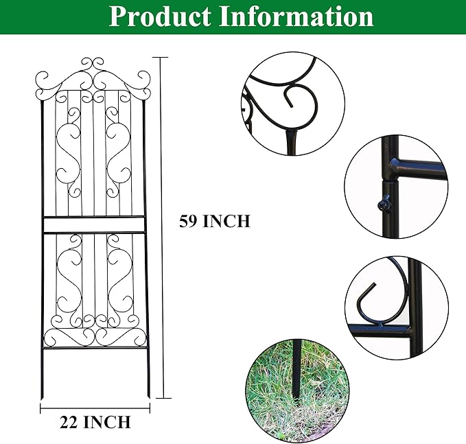 1 Pack 59" H x 22" W Garden Trellis for Climbing Plants Outdoor Plant Climbing Rose Trellis Iron Trellis Ivy Cucumbers Decorative Metal Black
