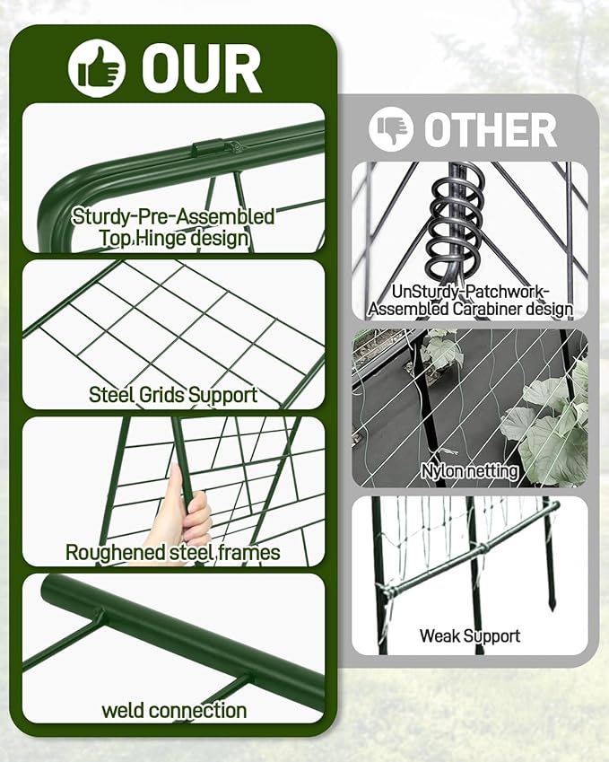 2Pcs 60"x16.2" Heavy Duty Steel A-Frame Garden Trellis for Climbing Plants – Rust-Proof Metal Trellis with Hardware Cloth, Perfect for Raised Beds,Cucumbers,Tomatoes & Outdoor Vines (Green)