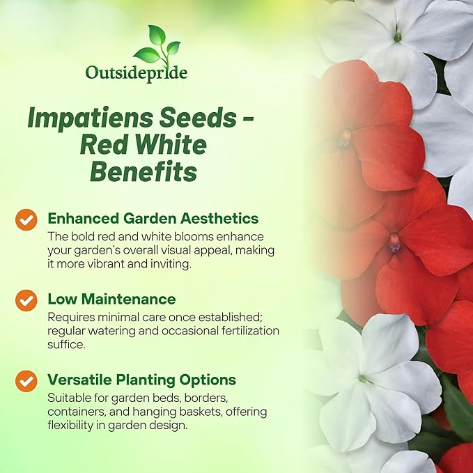 Outsidepride Beacon Red White Mix Impatiens Flower Seeds - 200 Pcs Annual, Compact & Pollinator Friendly, Impatiens Seeds for Planting w/Vibrant, Abundant Blooms for Shade Gardens & Containers