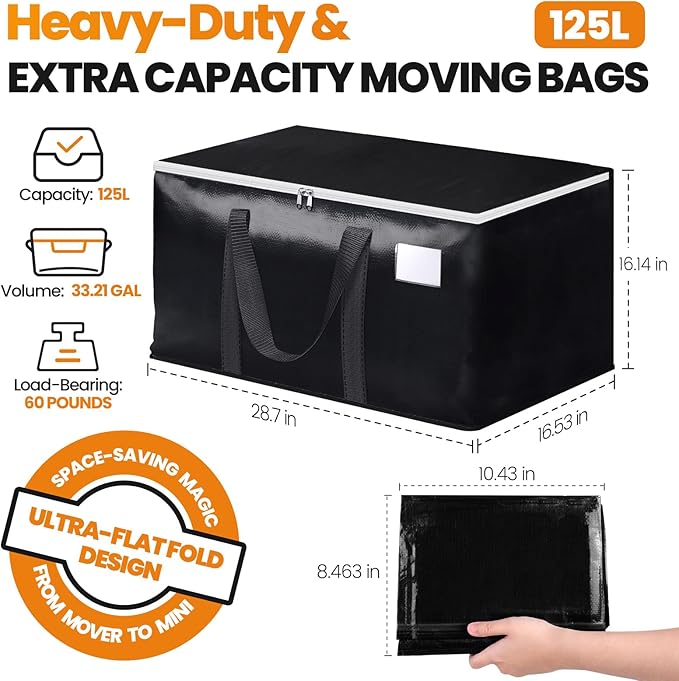 Heavy-Duty & Extra Capacity Moving Bags with Backpack Straps, Storage Totes with Double Zipper & Strong Handles, Packing Bags Alternative to Moving Boxes, Moving Supplies (8 Pack, Black)