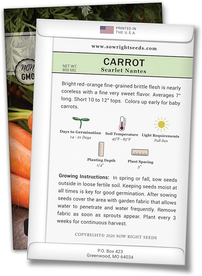 Sow Right Seeds - Scarlet Nantes Carrot Seed for Planting - Non-GMO Heirloom Packet with Instructions to Plant a Home Vegetable Garden - Indoors or Outdoor - Sweet and Vibrant Variety (4)