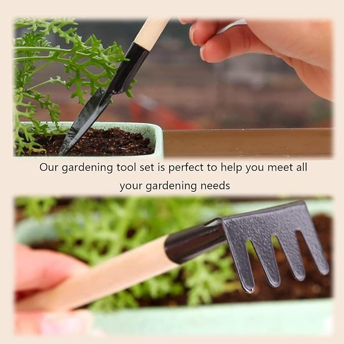 3Pcs Mini Gardening Tool Set with Wooden Handles Includes Small Hand Rake and Spade Ideal for Bonsai and Potted Plants Care