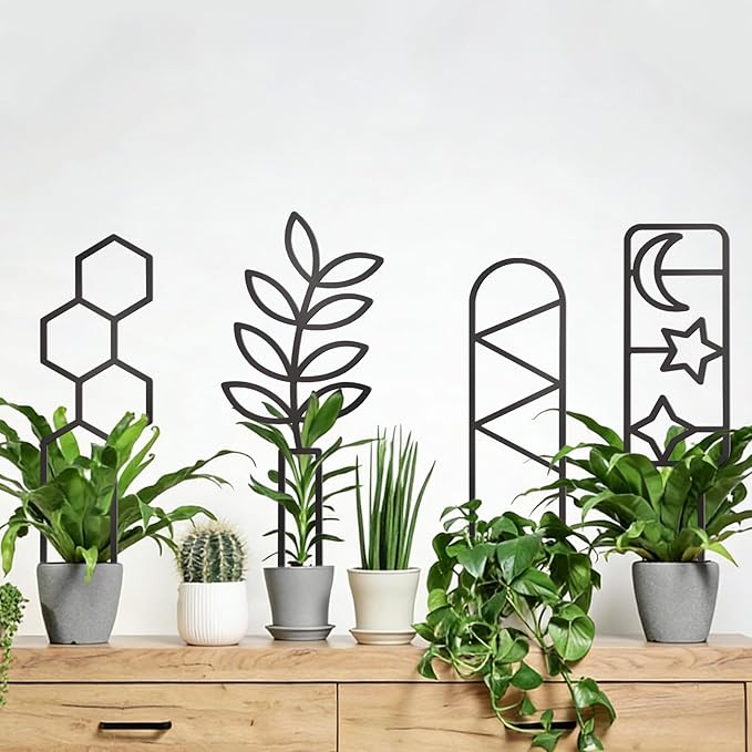 4 Pcs Indoor Plant Trellis for Climbing Plants, Small Trellis for Potted Plants, Garden Metal Trellis Plant Support Trellis with Different Patterns for Vine Ivy Flower (Unique)
