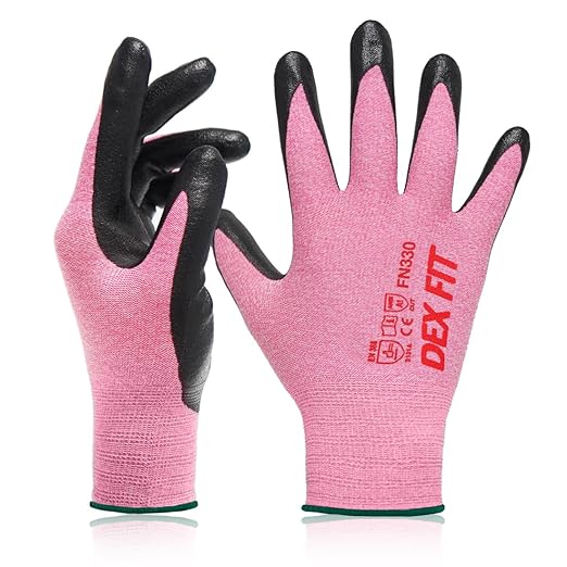 DEX FIT Nitrile Work Gloves FN330, 3 Pairs, 3D-Comfort Stretchy Fit, Firm Grip, Thin & Lightweight, Touch-Screen Compatible, Durable, Breathable & Cool, Machine Washable; Pink M (8)