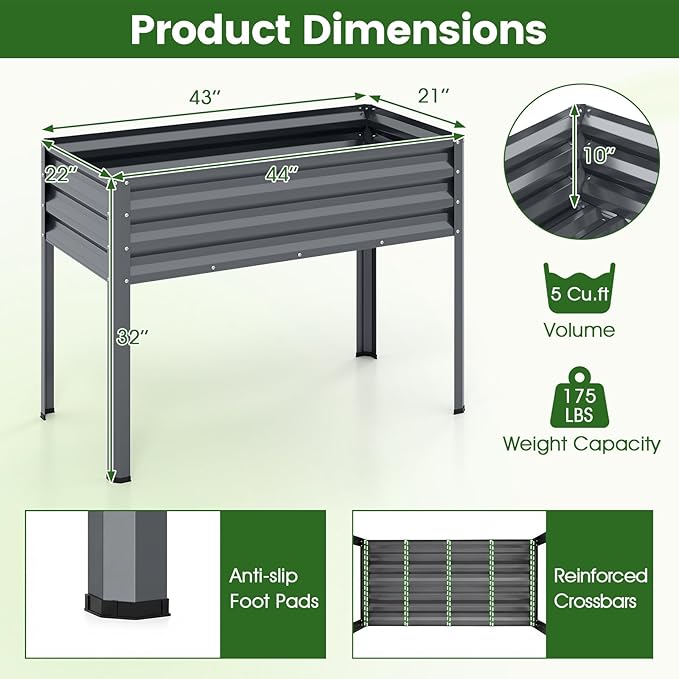 Giantex Raised Garden Bed with Legs, 44" x 22" x 32" Metal Large Elevated Planter Box for Vegetable Flower Fruit Herb, Heavy Duty Outdoor Gardening Planter for Backyard Patio Balcony, Gray