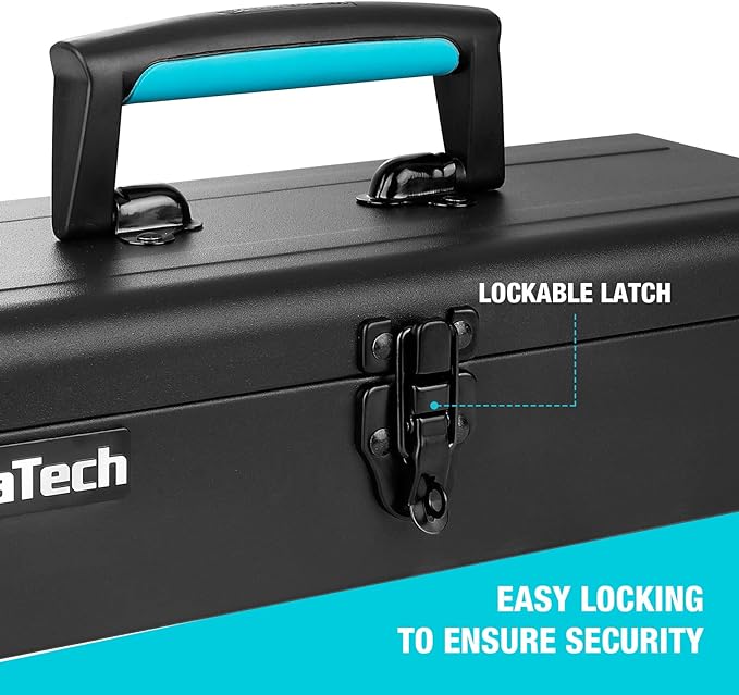 DuraTech Tool Box, 15" Portable Steel Small Tool Box with Metal Latch Closure & Plastic Handle with Anti-slip Base, Multi-Purpose Heavy Duty Toolbox, Black