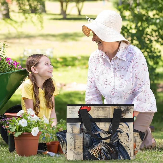Garden Tool Bag Organizer Garden Tote Bag with Pockets Rooster Watercolor Flowers Tool Storage Organizer Gardening Tool Kit Holder 13" x 6.8" x 2.8"
