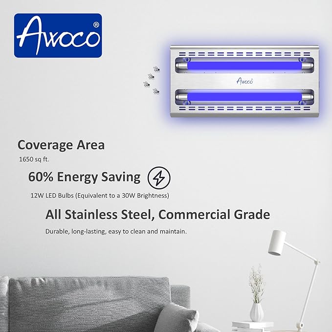 Awoco 11W LED Stainless Steel 100V-240V Wall Mount Sticky Fly Trap Lamp for Capturing Flies, Mosquitoes, Moths and Flying Insects, Perfect for Home, Restaurants, Warehouses (with 6 Glue Boards)
