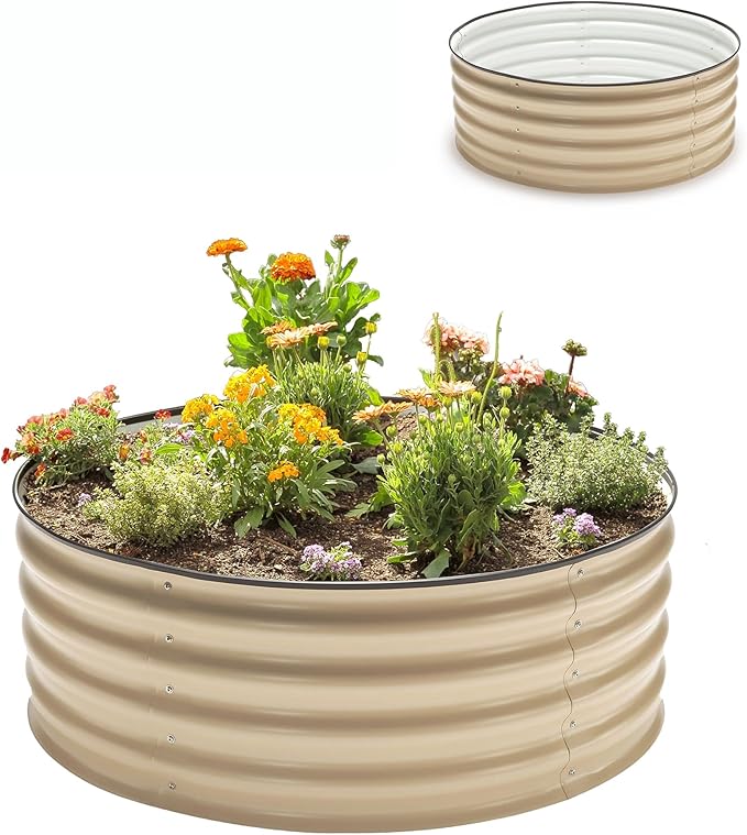 Epic Gardening 5-in-1 Modular Galvanized Raised Garden Bed Kit, 15" Tall Metal Planter Box, Durable Aluzinc Steel Raised Garden Bed Outdoor for Vegetables, Herbs, Flowers & Fruits - Round - Light Clay