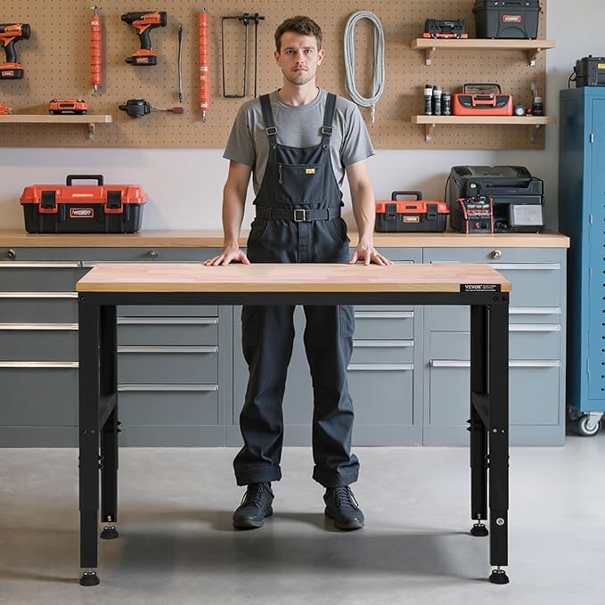 VEVOR Adjustable Workbench, 48 x 20-inch Heavy Duty Work Bench with 28.5-38.3 Inches Height Adjustment, 2000 lbs Capacity Garage Workbench with Power Outlets, Suitable for Office, Garage, Workshop