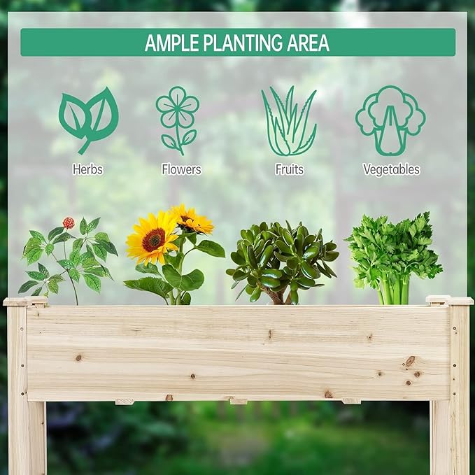 COSTWAY Raised Garden Bed, Elevated Fir Wood Planter Box for Vegetables, Herbs & Flowers – 47.5” x 17” x 20” for Backyard, Patio & Balcony