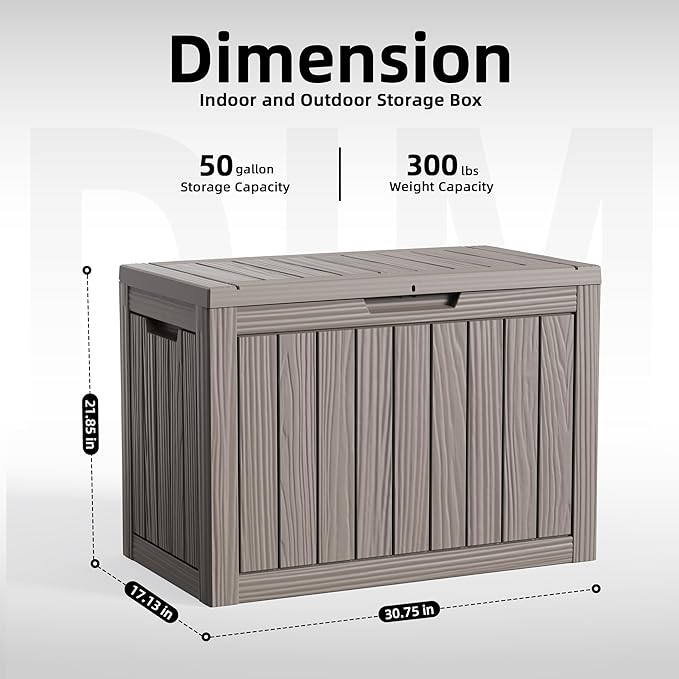 50 Gallon Resin Deck Box Outdoor Storage Box Waterproof for Patio Furniture,Outdoor Cushions,Garden Tools and Pool Supplies（Grey）