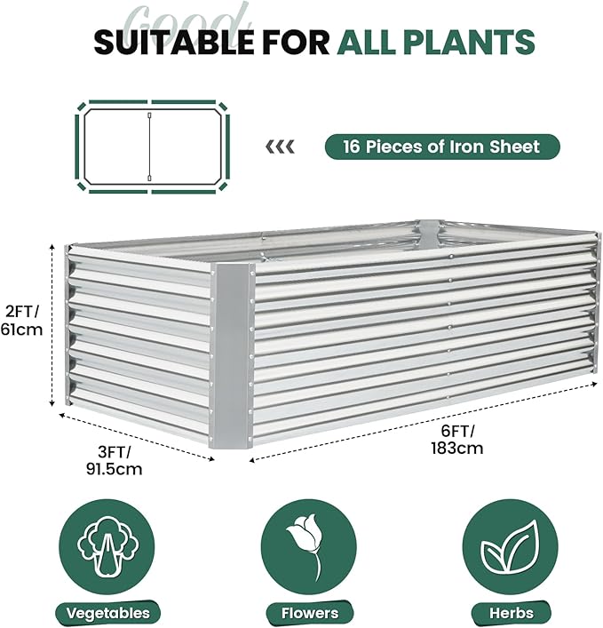 G GOOD GAIN 6x3x2 ft Galvanized Raised Garden Bed Kit, Large Metal Planter Box Outdoor for Vegetables, Flowers, Herbs, 24" Tall 269 Gallon Capacity Deep Root Design, Silver