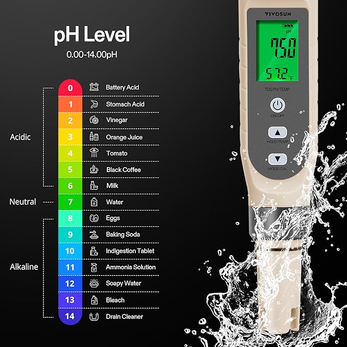 VIVOSUN 3-in-1 Digital pH Meter with ATC, ±0.1 pH Accuracy Water Quality Tester, 0-14.0 pH Measurement Range for Hydroponics, Household Drinking, Pool and Aquarium
