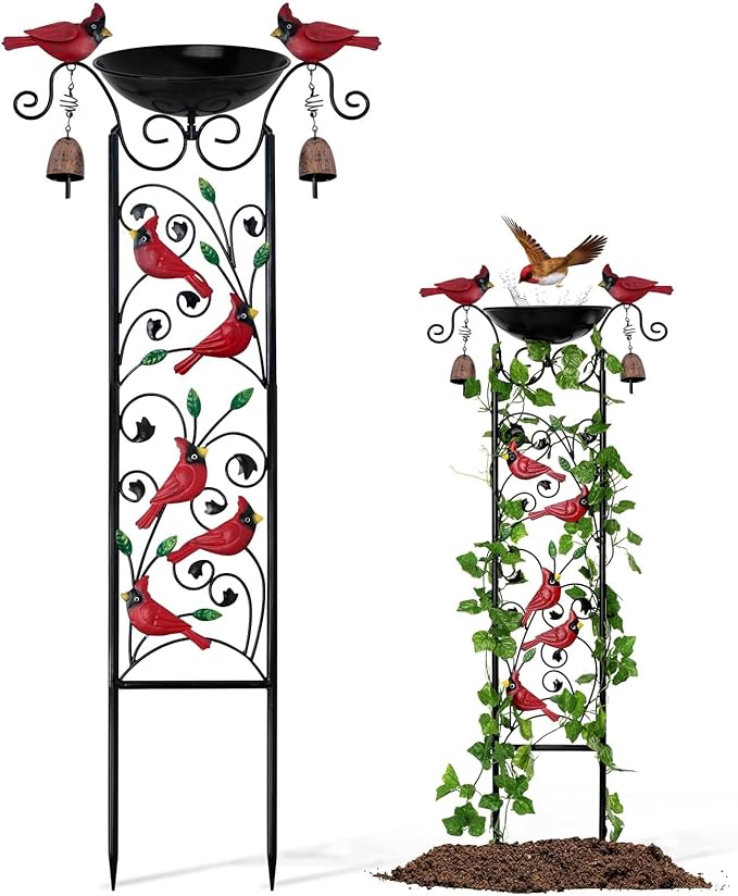 Cardinal Bird Bath Garden Trellis for Climbing Plants Outdoor Wind Chime Decor Red Birds Feeder Yard Sign Spring Lawn Decorations Housewarming Christmas Appear Memorial Gift for Bird Watcher Gardener