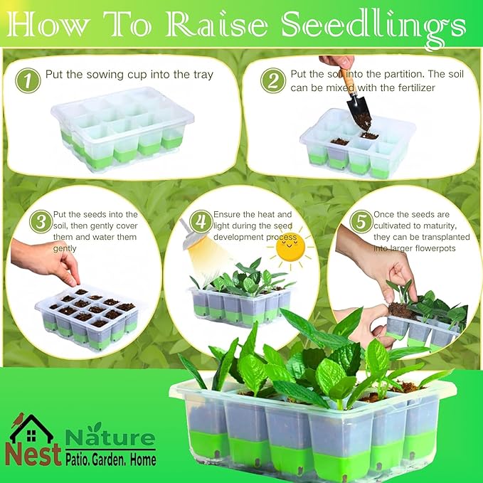 Reusable 60Cell Seed Starter Trays With Humidity Dome & Lids - 60 Cells, Flexible Pop-Out Design, BPA-Free Silicone Seedling Kit for Indoor Gardening, Greenhouse Planting, Dishwasher Safe