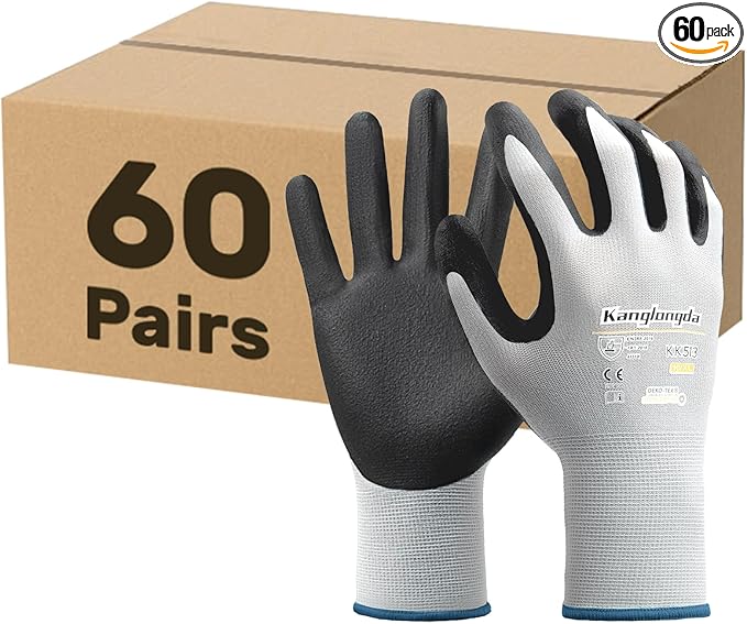 Kebada 60-Pairs X-Large Work Gloves for Men and Women, Nitrile Coated Safety Protective Gloves with Grip, Ideal for Warehouse, Delivery, Light Duty Construction Work