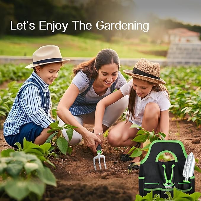 Housolution Gardening Tools Set, 8PCS Heavy Duty Garden Tools with Non-Slip Rubber Grip with Large Garden Bag for Tools Aluminum Alloy Hand Tools for Gardening,Gardening Gifts for Women and Men, Green