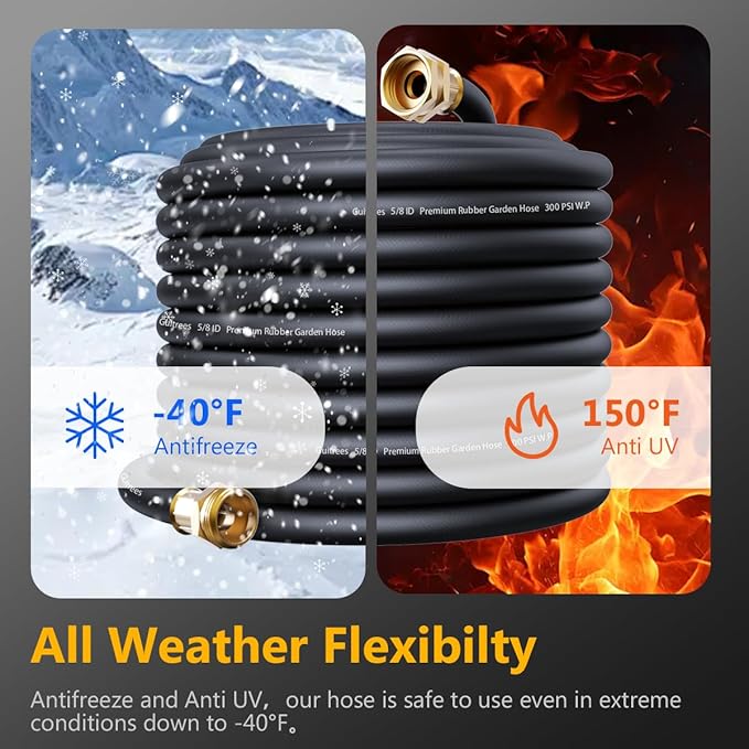 Garden Hose 100FT x 3/4”, Heavy Duty Rubber Hose, Water Hose with Five-Layered Braiding, Male Female Fittings, 1000PSI Burst, 300PSI Working (Black)