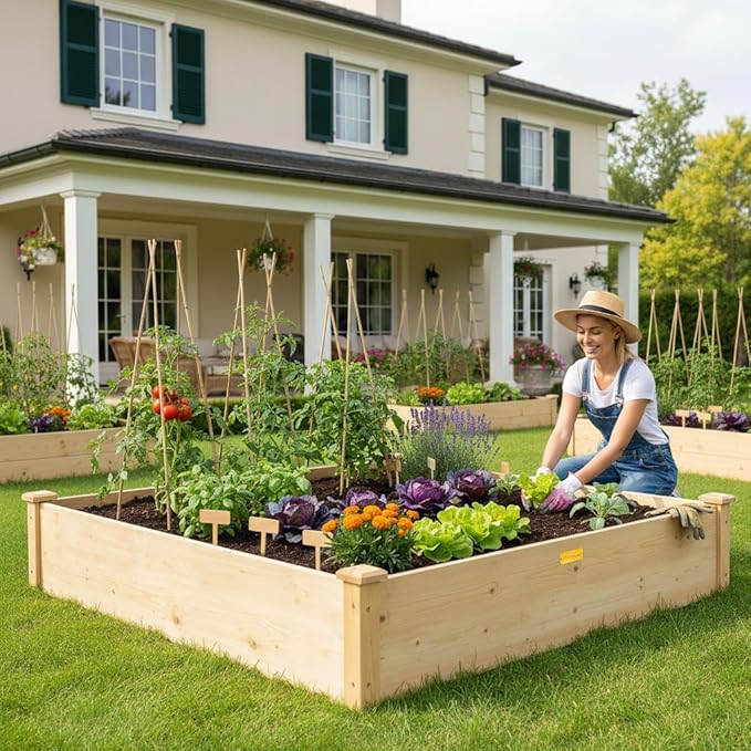 Hollyone 48" X 48" inches Wood Raised Garden Bed Frame Planters Wooden Elevated Planting Planter Box for Outdoor Herb Vegetables Flowers Grass Lawn Yard Patio - Natural 4×4ft