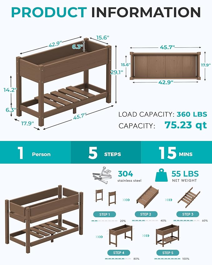 SERWALL Raised Garden Bed with Legs Set of 2, 43"×17"×30" Large HDPE Elevated Planter Box for Vegetables Flower Herb Patio, All Weather Use- Brown