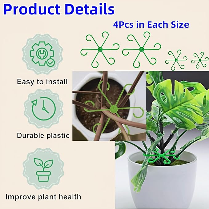 Plant Support Stakes 16-Pack, 4 Size Adjustable Green Gardening Stakes with Soft Clips, Sturdy Stem Supports for Indoor Outdoor Plants Like Monstera, Pothos, Tomatoes to Prevent Falling Over