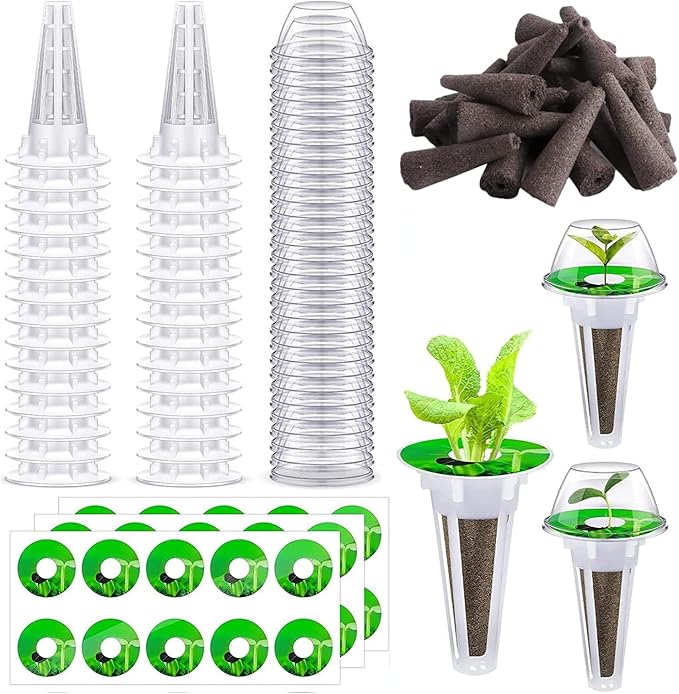 24Pcs Seed Pod Kit, Hydroponic Garden Accessories Pod Kit with Grow Sponges, Grow Baskets, Stickers, Grow Domes for Seed Starting System