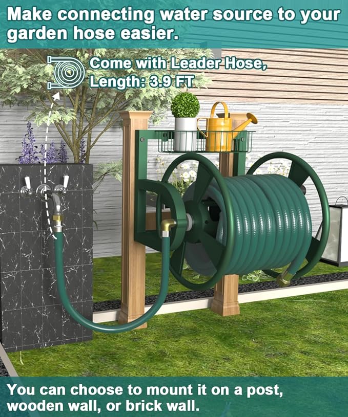 Garden Wall Mounted Hose Reel, Outdoor Heavy-Duty Water Hose Holder Winder, Holds 125 Feet of 5/8-Inch Hose, with 3.9 ft Leader Hose, Brass Fitting and Storage Basket for Yard, Green