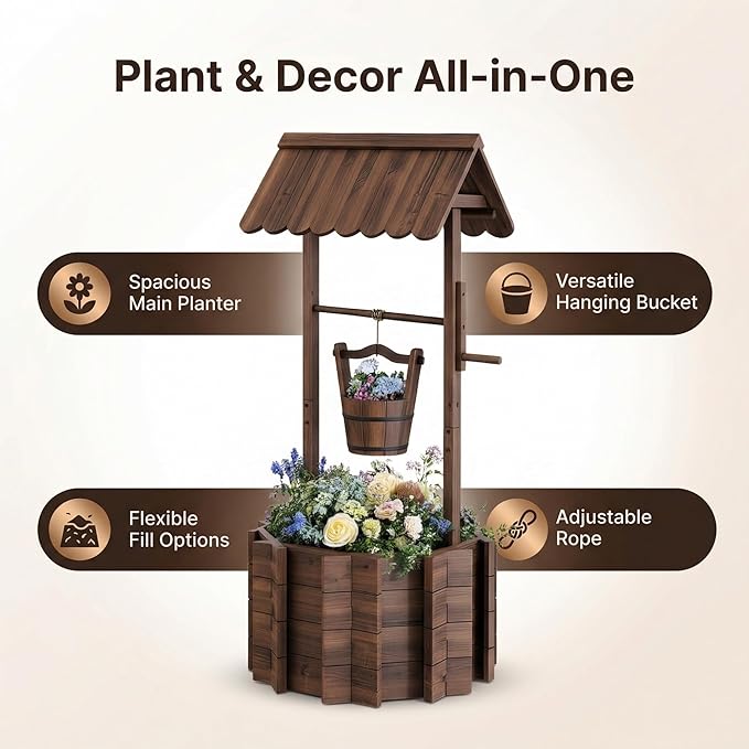 Wishing Wells for Outside,Wooden Wishing Well Planter,Rustic Flower Planter for Garden Patio Lawn Backyard Home Decor-21.7X21.7X47.25IN